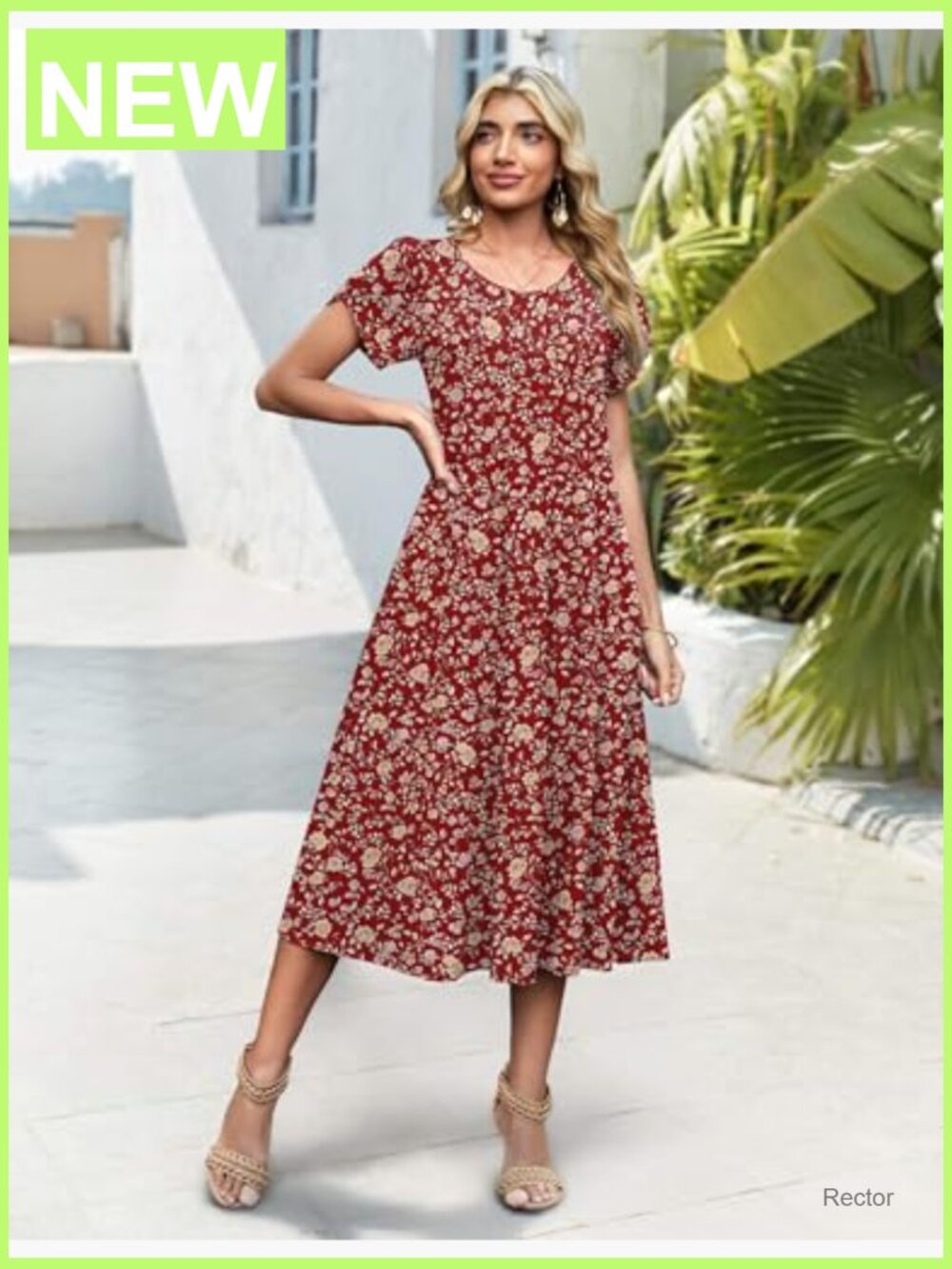 Casual Midi Dress Pleated Flare Sundress Short Sleeve A-Line Swing Dress - Picture 2 of 7